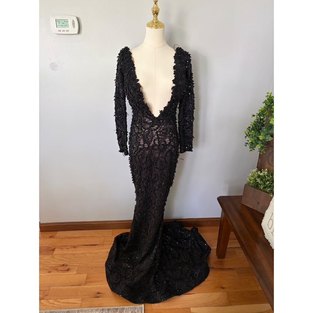 Albina Dyla black beaded mermaid gown Read Description